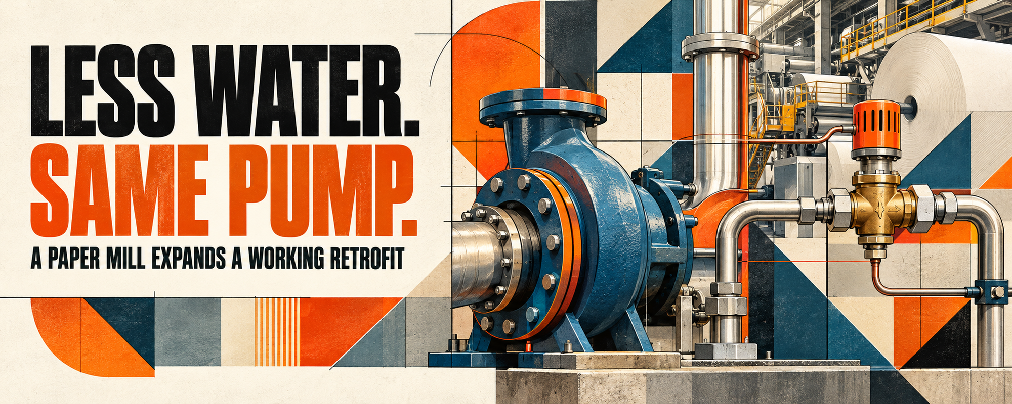 Editorial illustration of a pump and cooling-water valve in a paper mill.