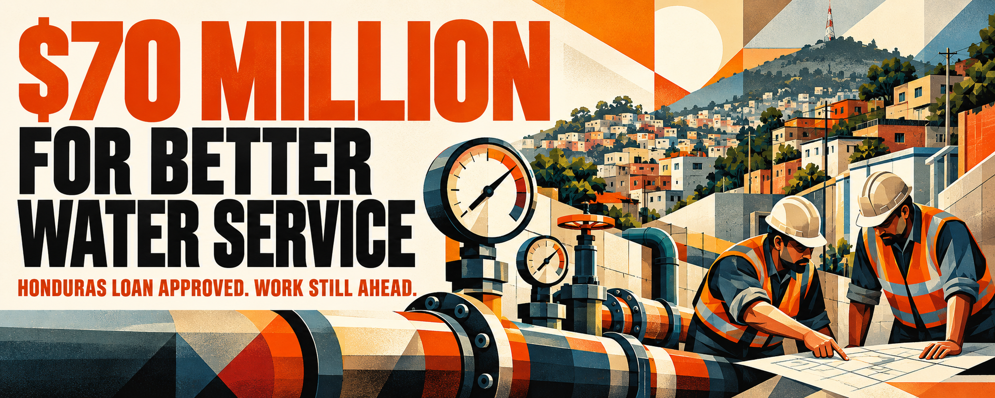 Editorial illustration of planned pipe rehabilitation and pressure management in Honduras.