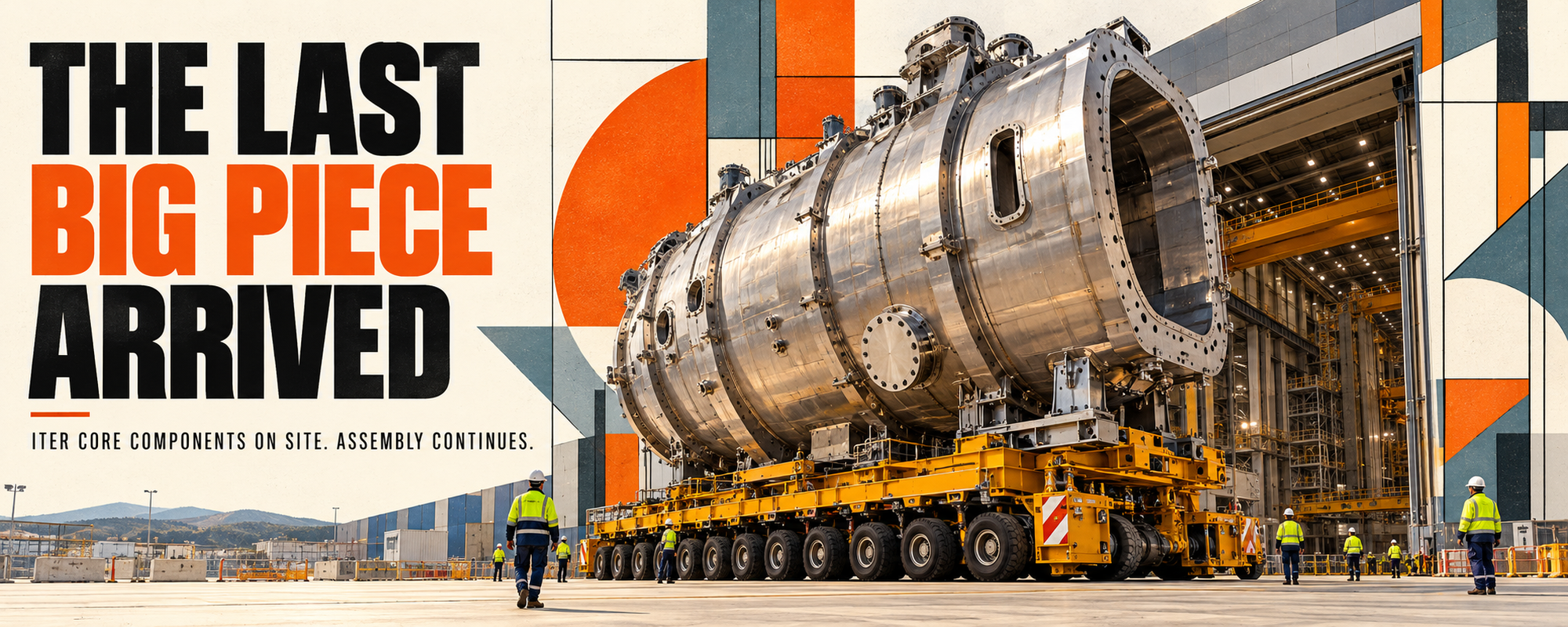 Editorial illustration of a large vacuum-vessel segment arriving at a fusion assembly site.