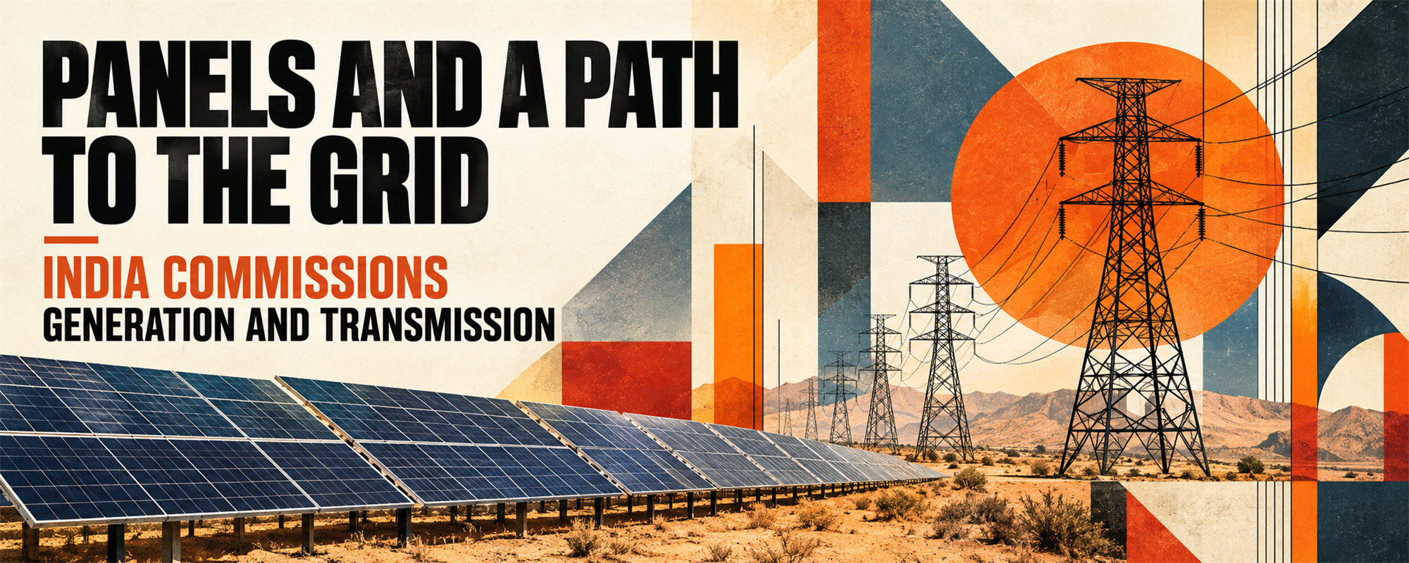 Editorial illustration of solar panels and transmission towers in India.