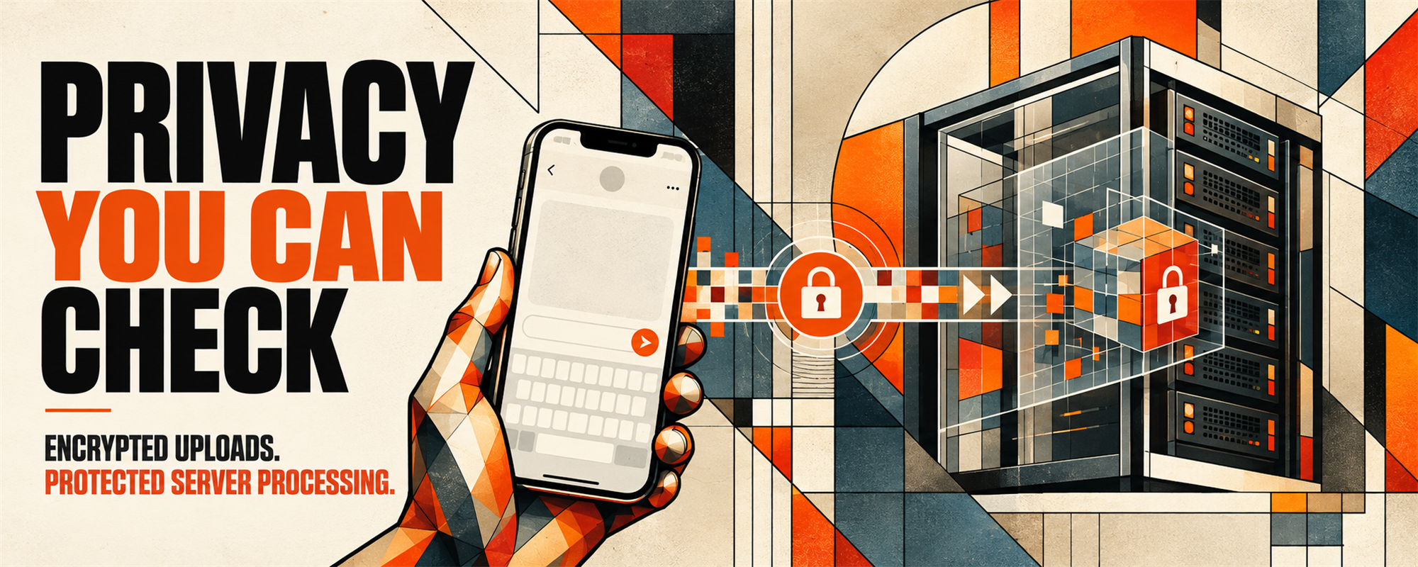 Editorial illustration of encrypted smartphone uploads to protected server processing.