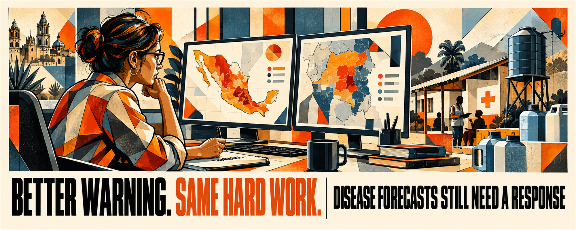 Editorial illustration of a public-health analyst reviewing regional disease risk maps.