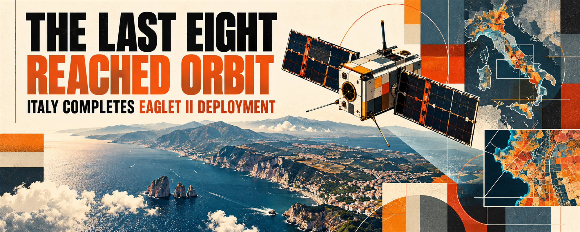 Editorial illustration of an Earth observation satellite above an Italian coastline.