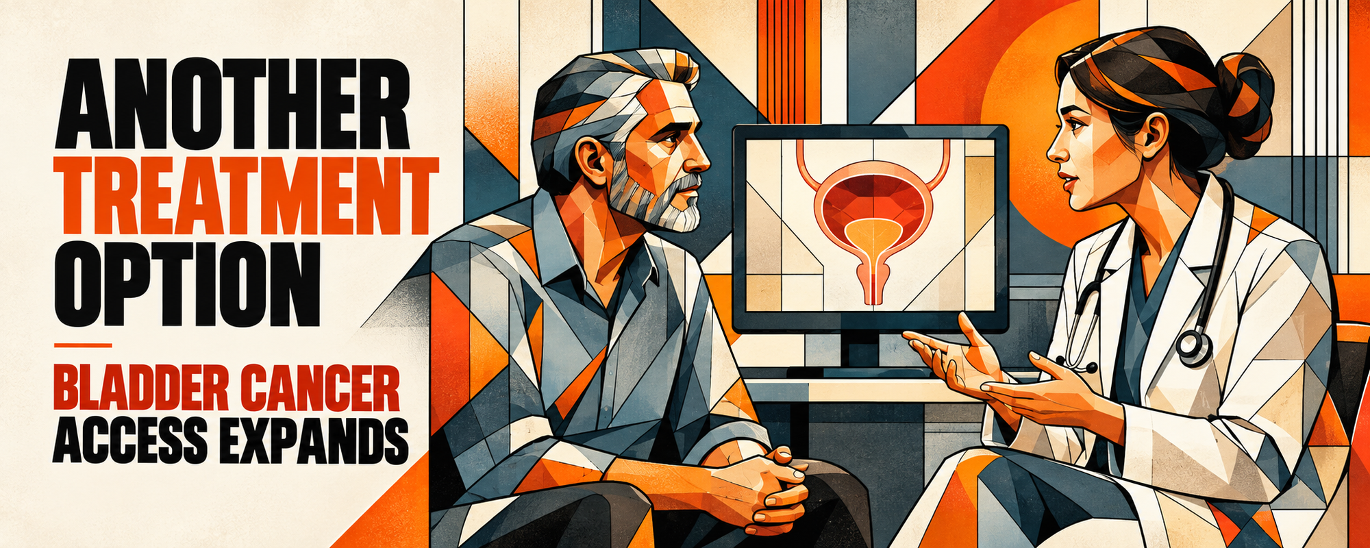 Editorial illustration of a clinician and adult patient discussing bladder-cancer treatment options.