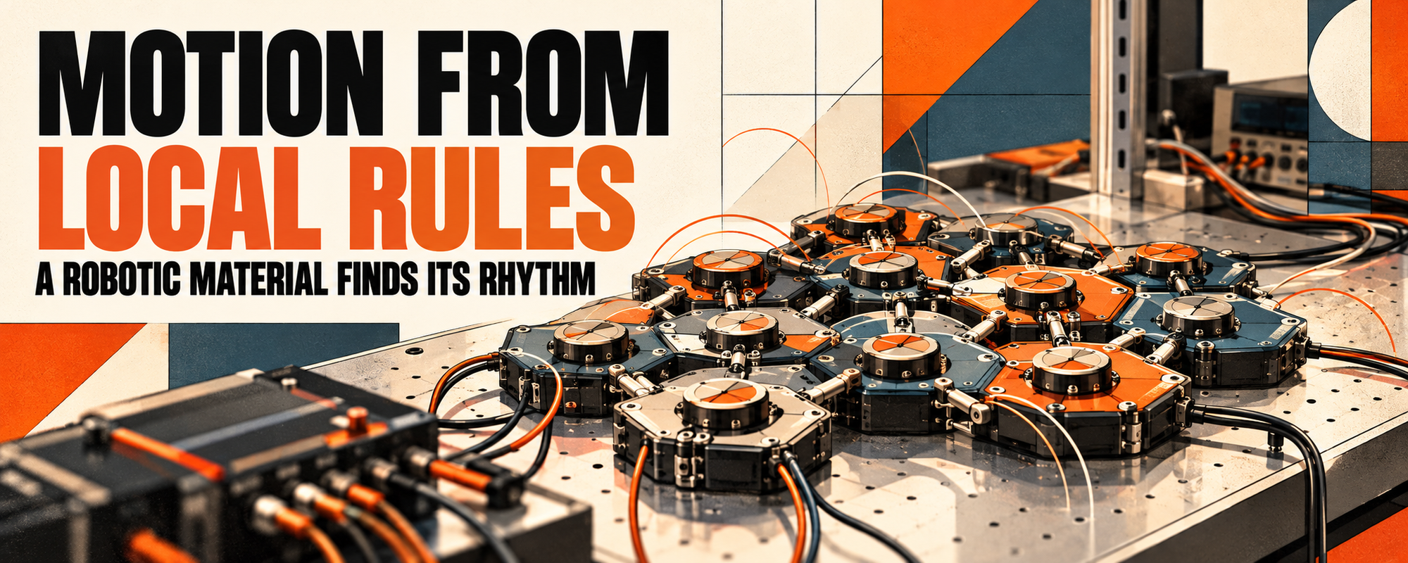 Editorial illustration of connected, powered mechanical cells on a laboratory bench.
