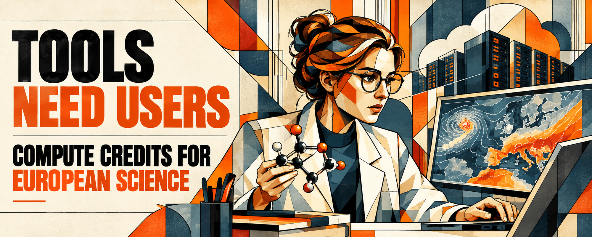 Editorial illustration of a scientific researcher, molecular model, weather map and cloud computing equipment.