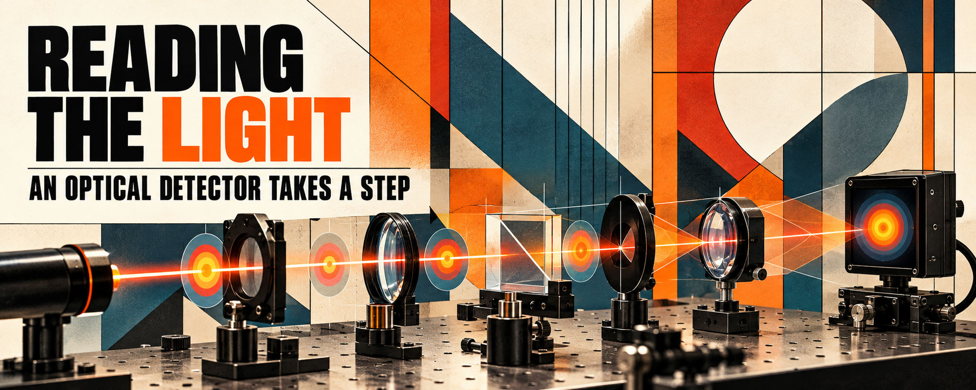 Editorial illustration of a shaped light beam passing through laboratory optics toward a detector.