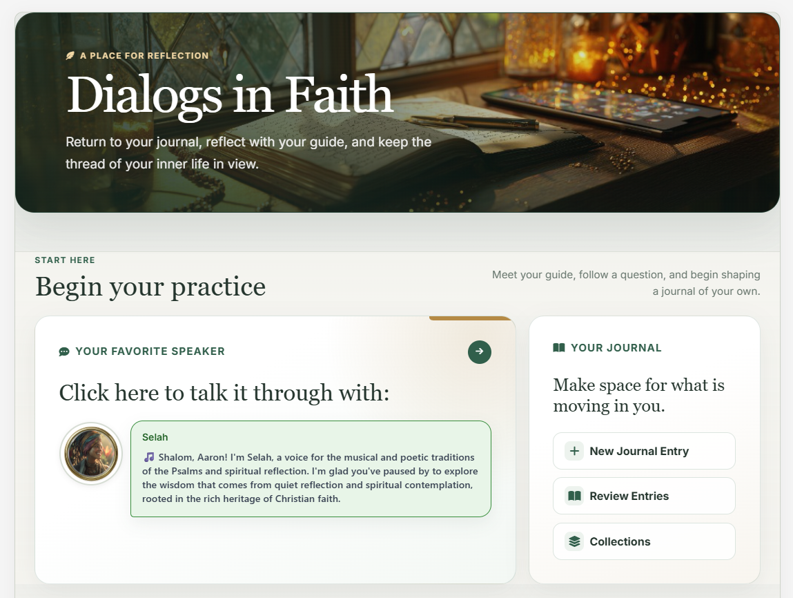 Dialogs in Faith dashboard with guided conversation and journaling options.