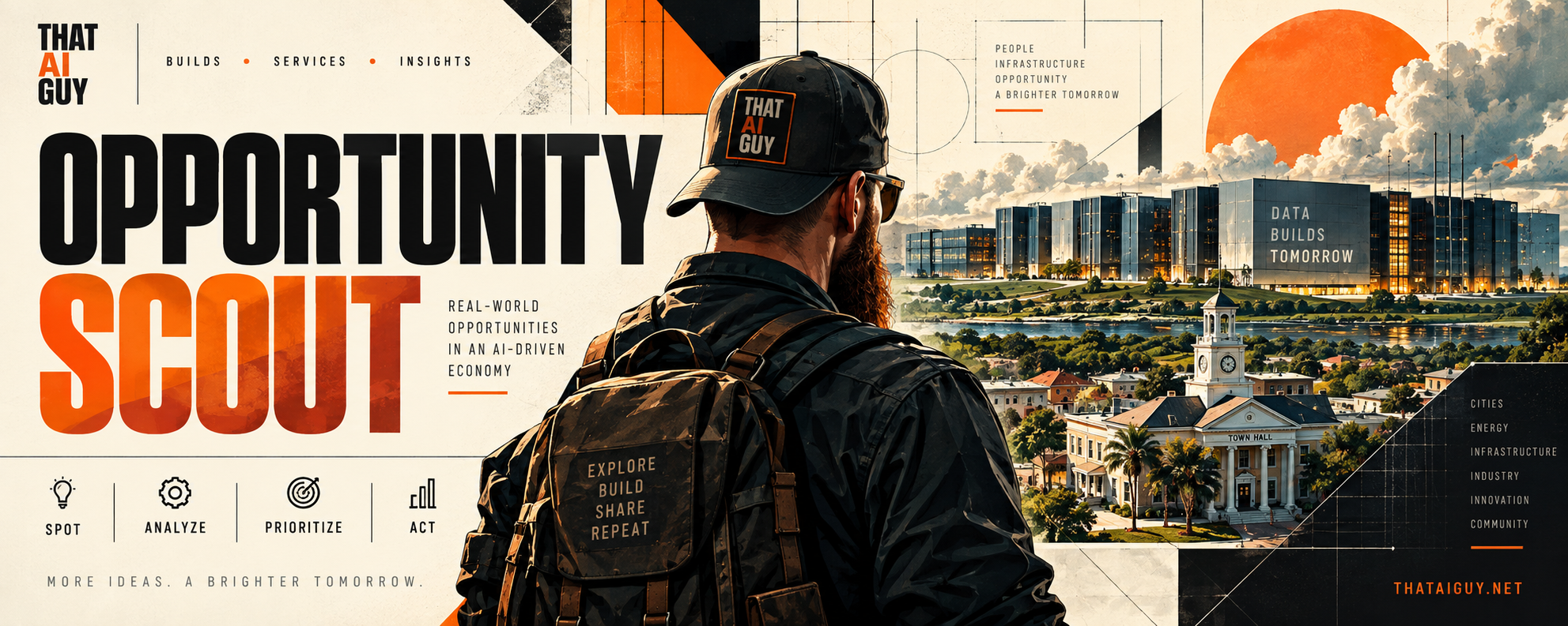 Opportunity Scout Issue 11 artwork. A builder looks toward a town hall and a large data-center campus beneath the words Opportunity Scout.