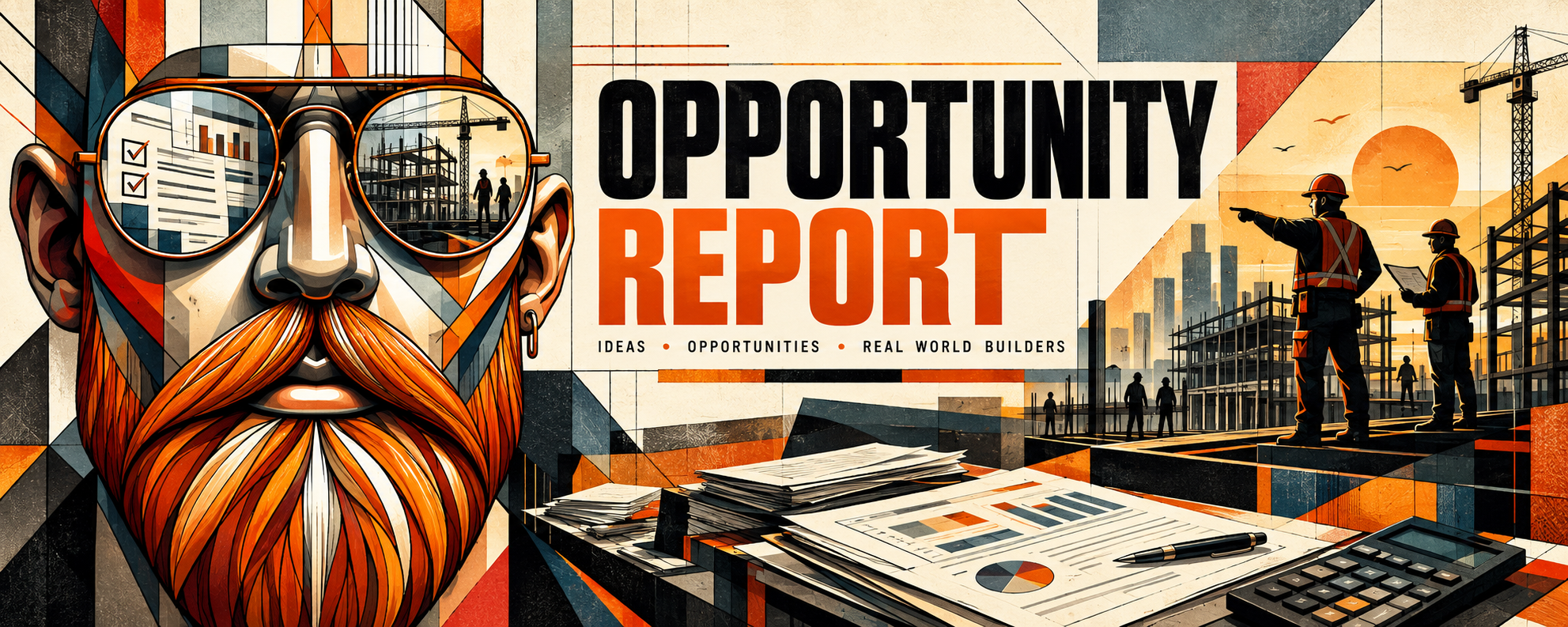 Opportunity Report artwork showing a builder reviewing checklists and charts beside an active construction project.
