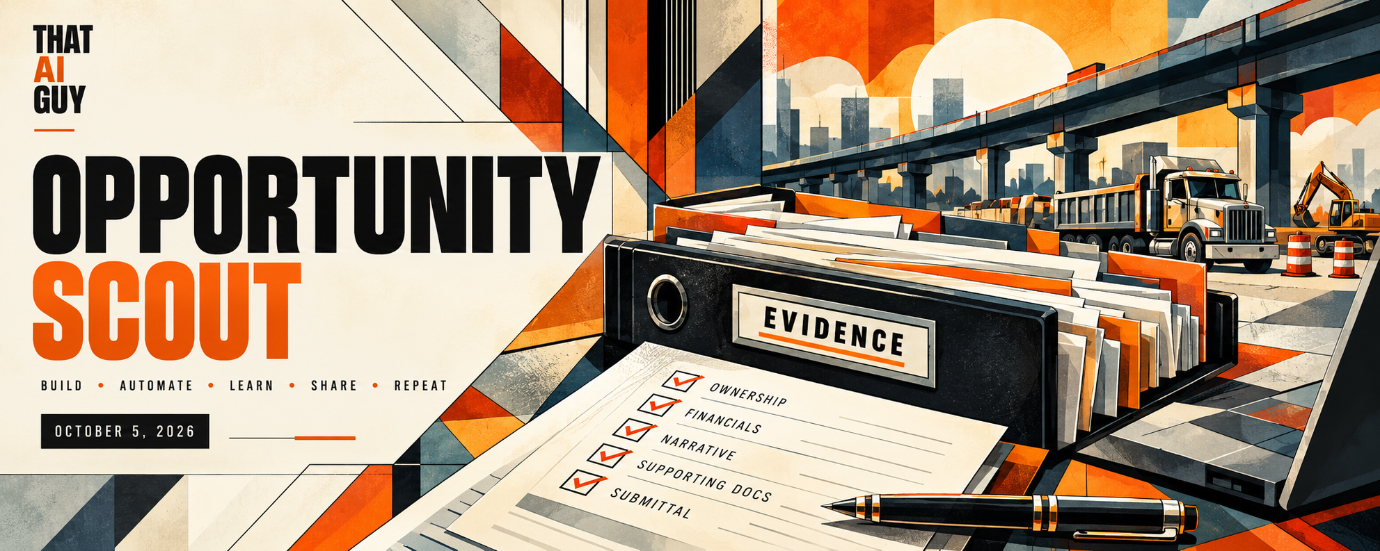 Opportunity Scout artwork showing an evidence binder and checklist beside an active infrastructure project.