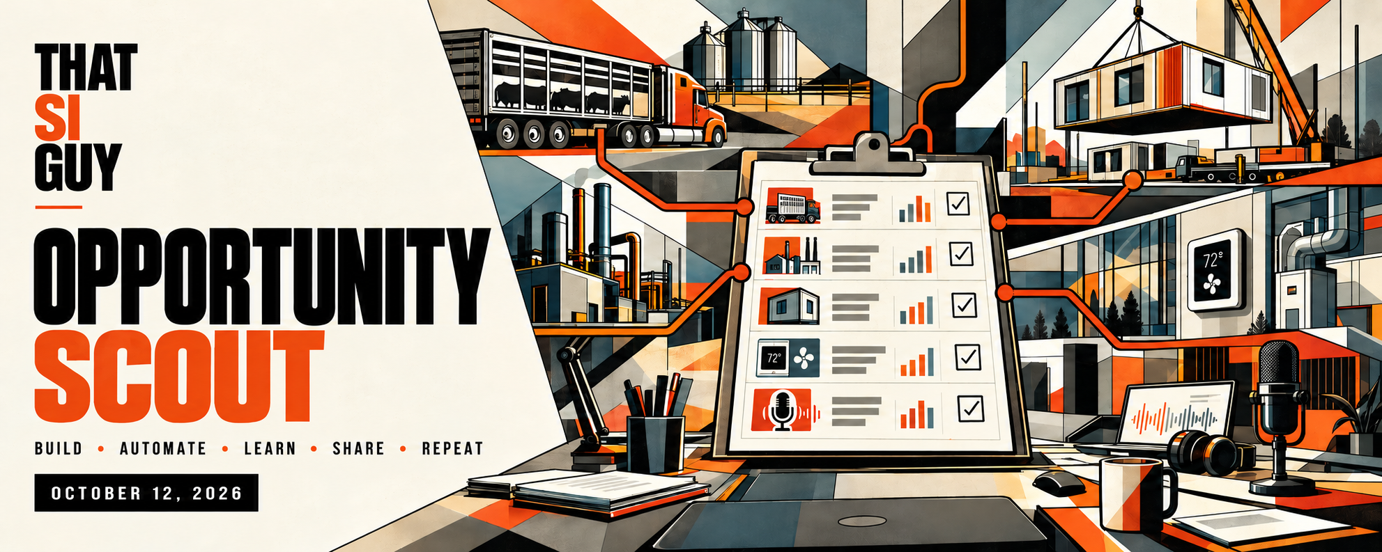 Opportunity Scout artwork showing livestock, industrial energy, factory-built housing, building controls, and creator sponsorship workflows converging on a central coordination desk.