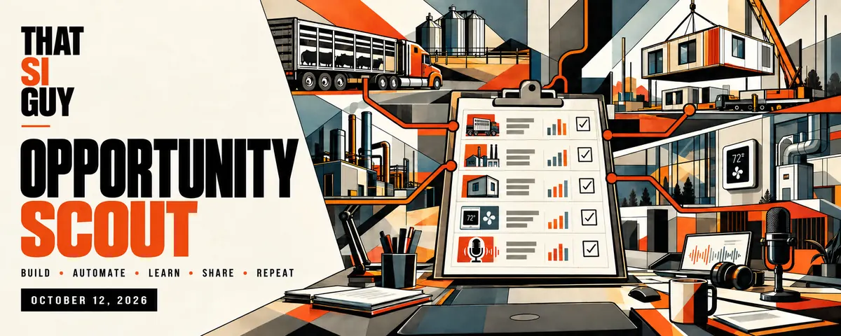 Opportunity Scout artwork showing five operational workflows converging on a central coordination desk.